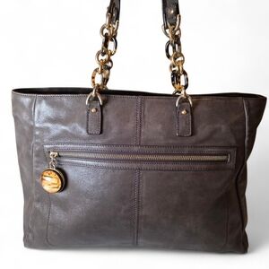 FENDI Tote Shoulder Bag Tortoise Shell Chaim Handle Purse Charcoal Brown Leather